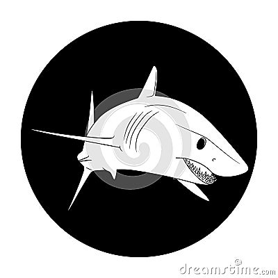 Mako shark. Swimming shark in a black circle. Animal illustration Logotype for diving business or underwater aquarium center. Vector Illustration